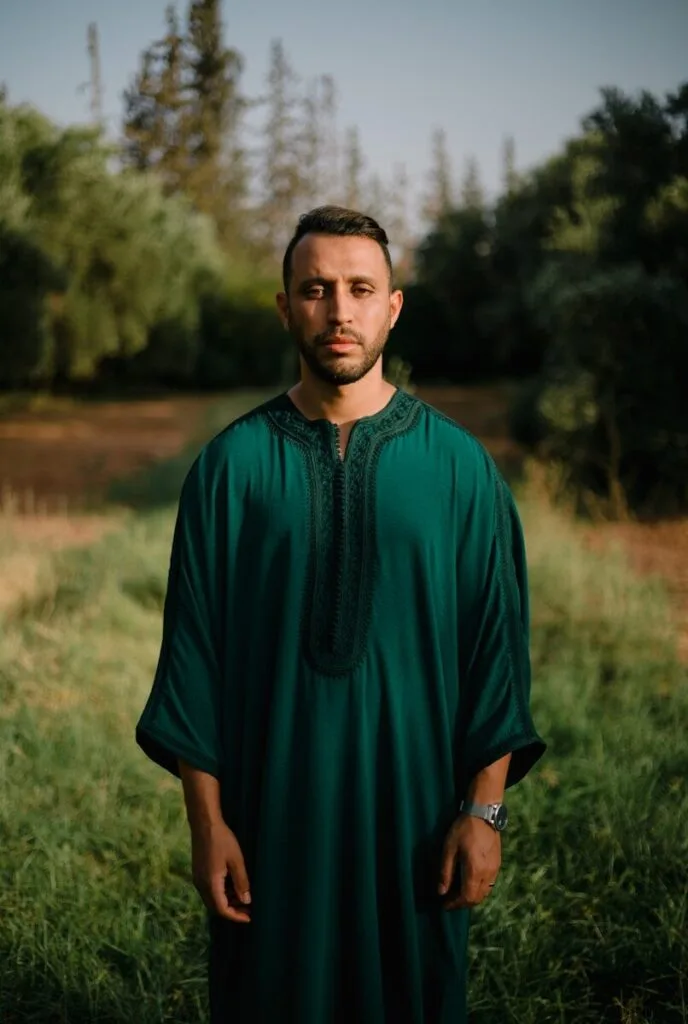 A man in a green outfit standing in a field